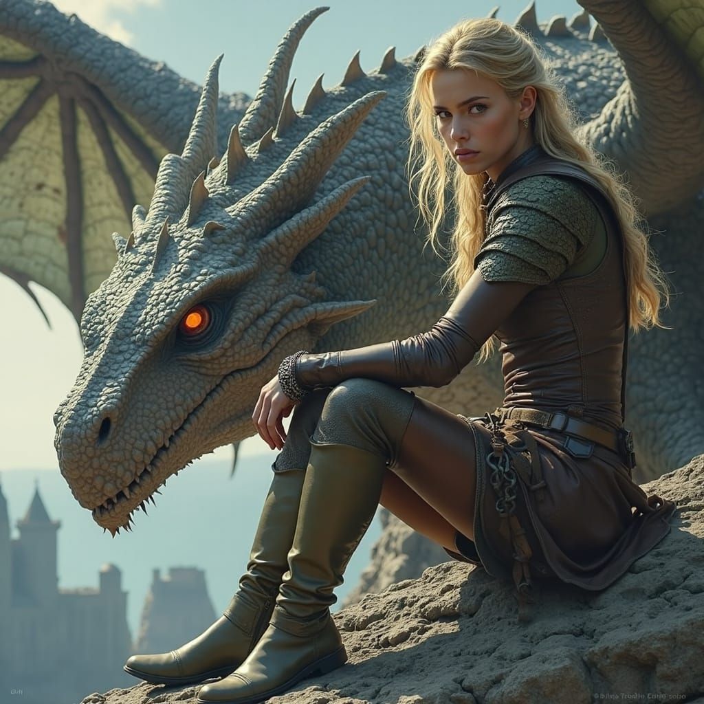 Warrior and Dragon on Cliff Edge, Realistic Style