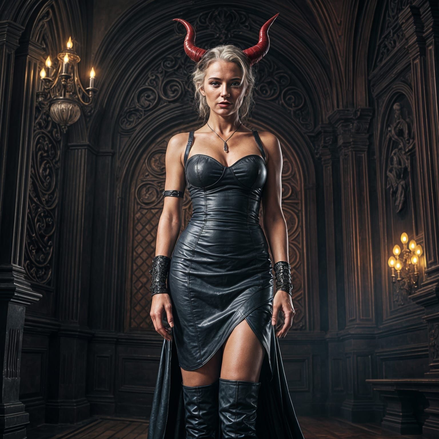 Beautiful Older Woman as Devil in Leather