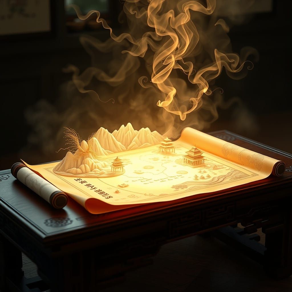 Ancient Chinese Scroll Unfolds Mystical Golden Holographic M...