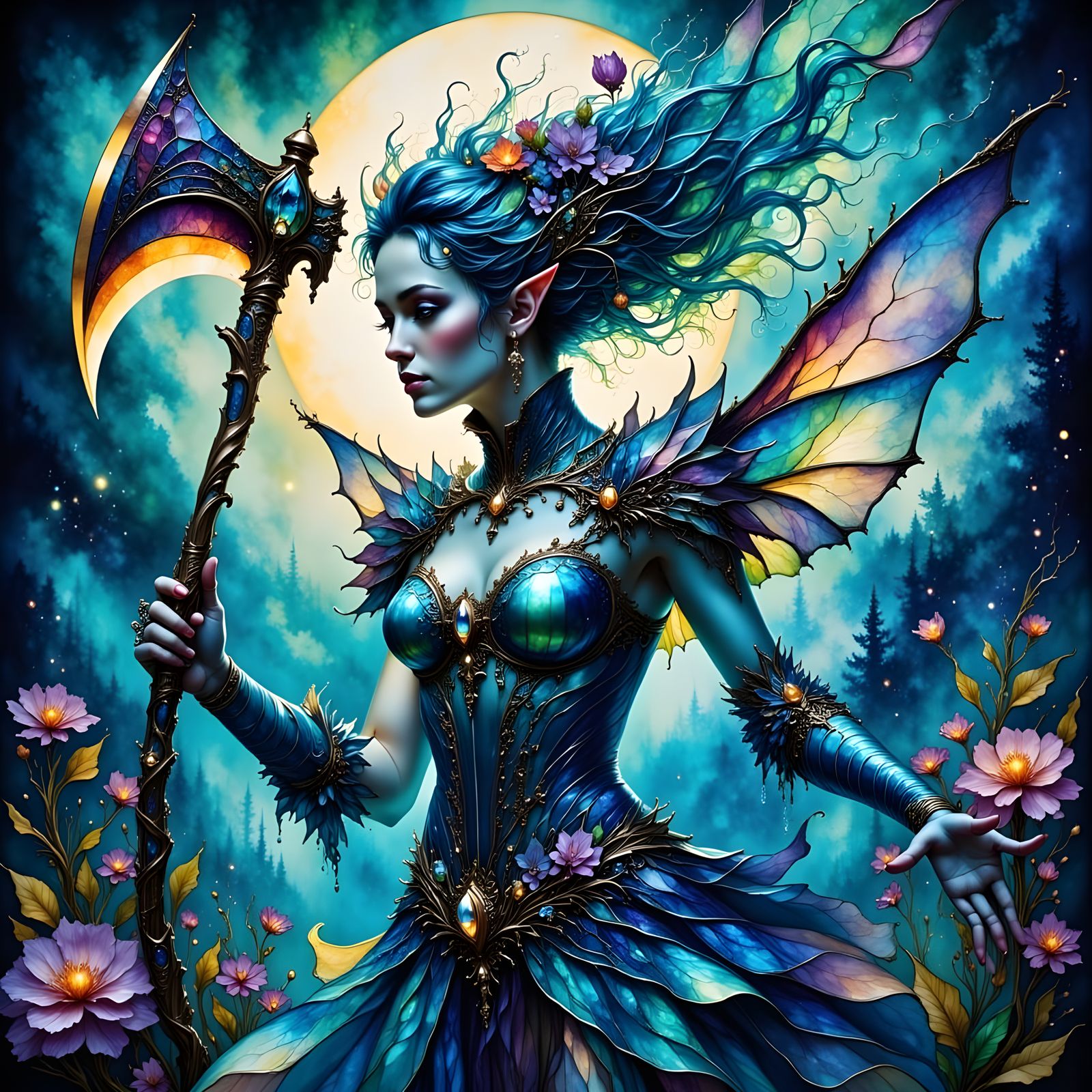 Shiny Blue Woman with Axe: Iridescent Zombiecore Art