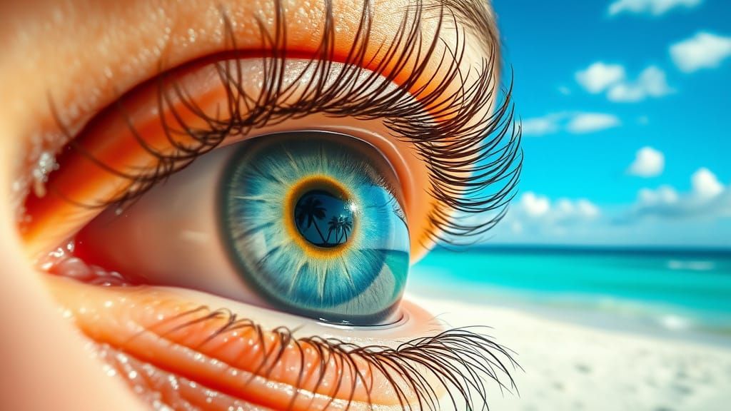 Tropical Beach Reflected in Hyperrealistic Human Eye