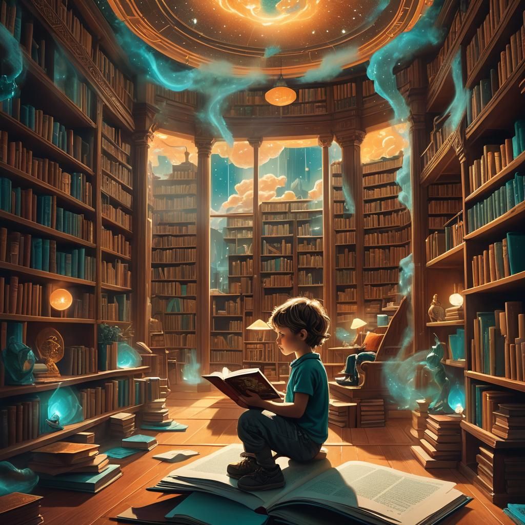 Whimsical Fantasy Library Scene in Deep Color
