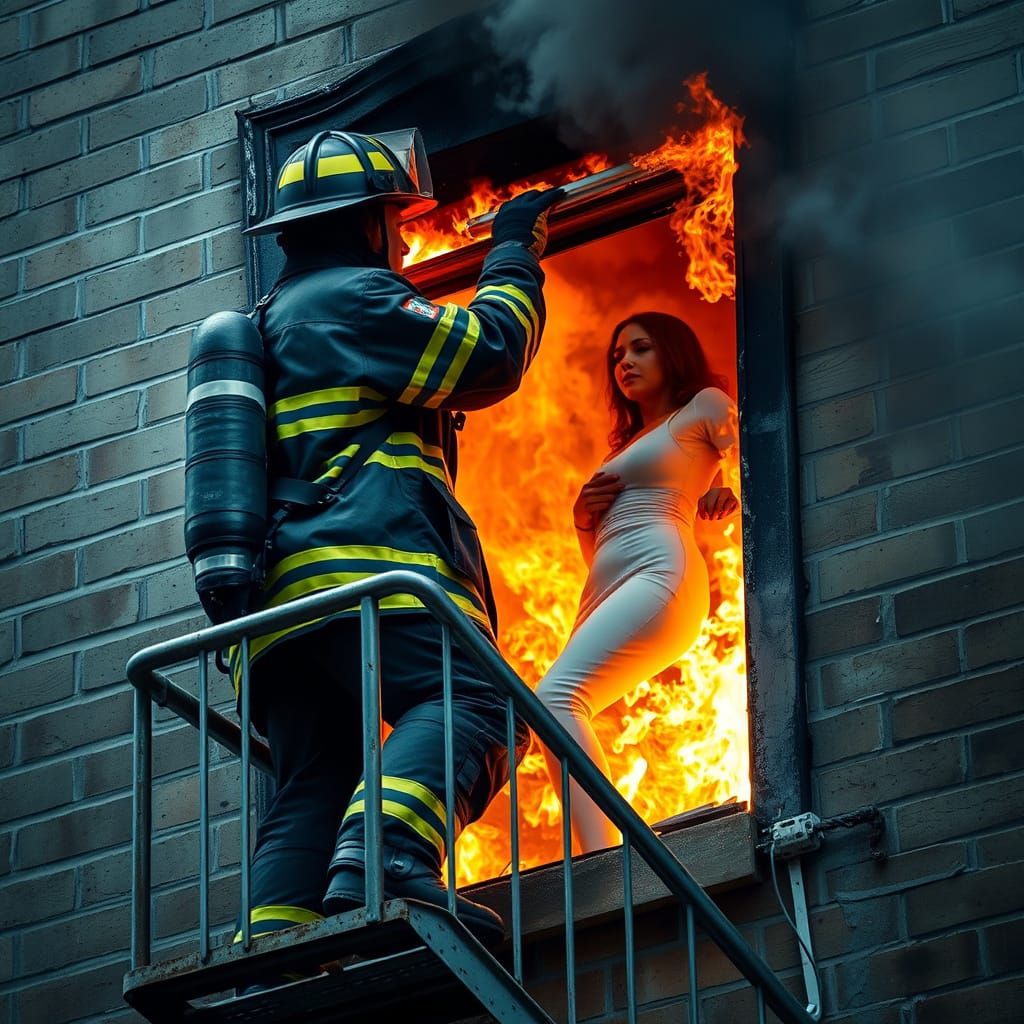 Firefighter Rescue: Photorealistic Scene of Bravery