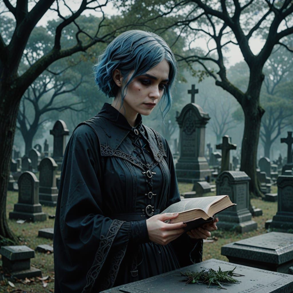 Gothic Woman in Graveyard with Book: Anime-Inspired Horror