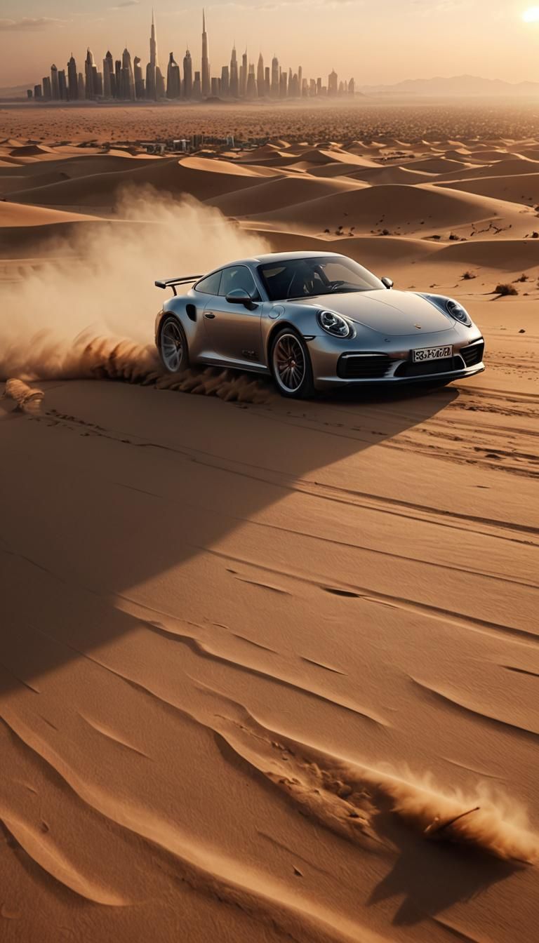 Porsche 911 Races Dubai Desert at Sunset