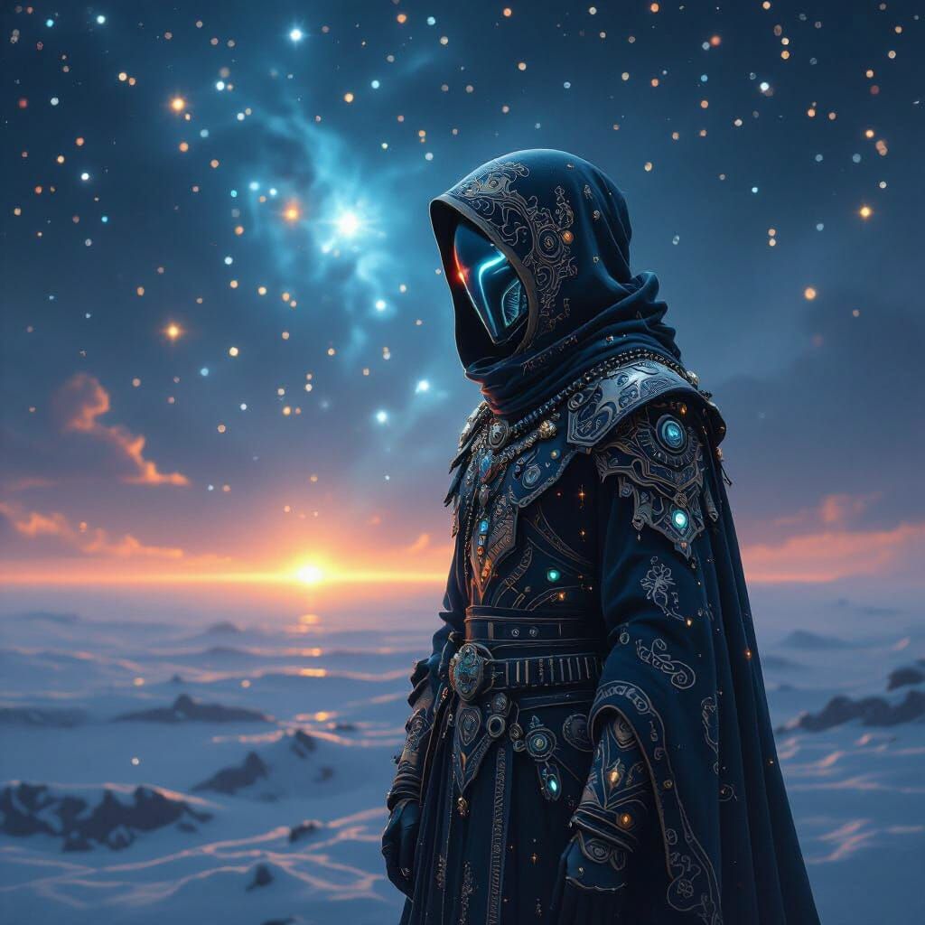 Cosmic Figure Amidst Starry Expanse in Surreal Style
