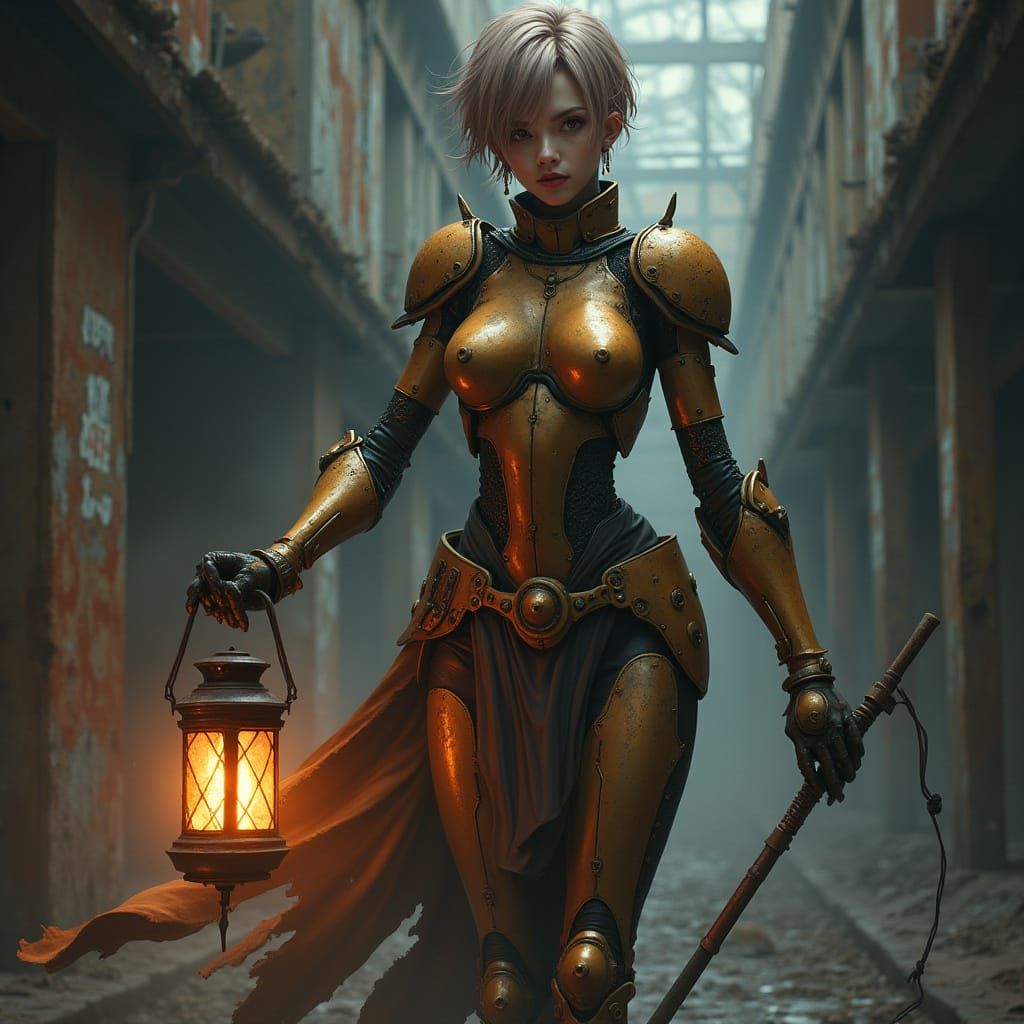 Steampunk Cyborg in Eerie Factory, Anime Style