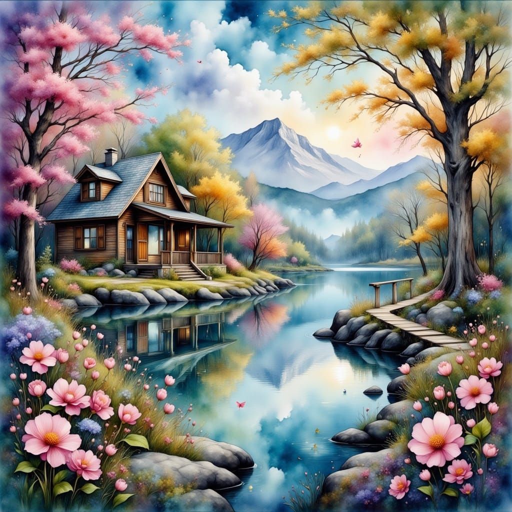 Dreamy Watercolor Lakehouse Scene in Springtime