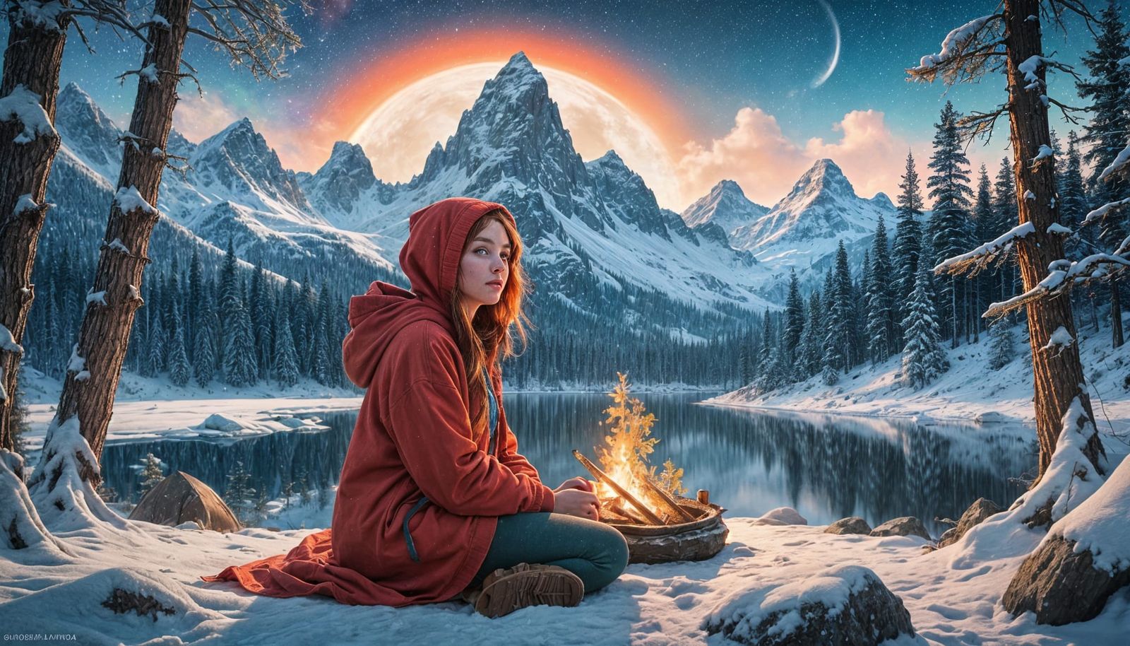 Serene Winter Camping Scene under Vibrant Night Sky