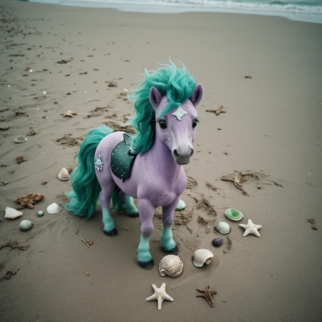 Purple Pony with Seashells on a Sunny Beach
