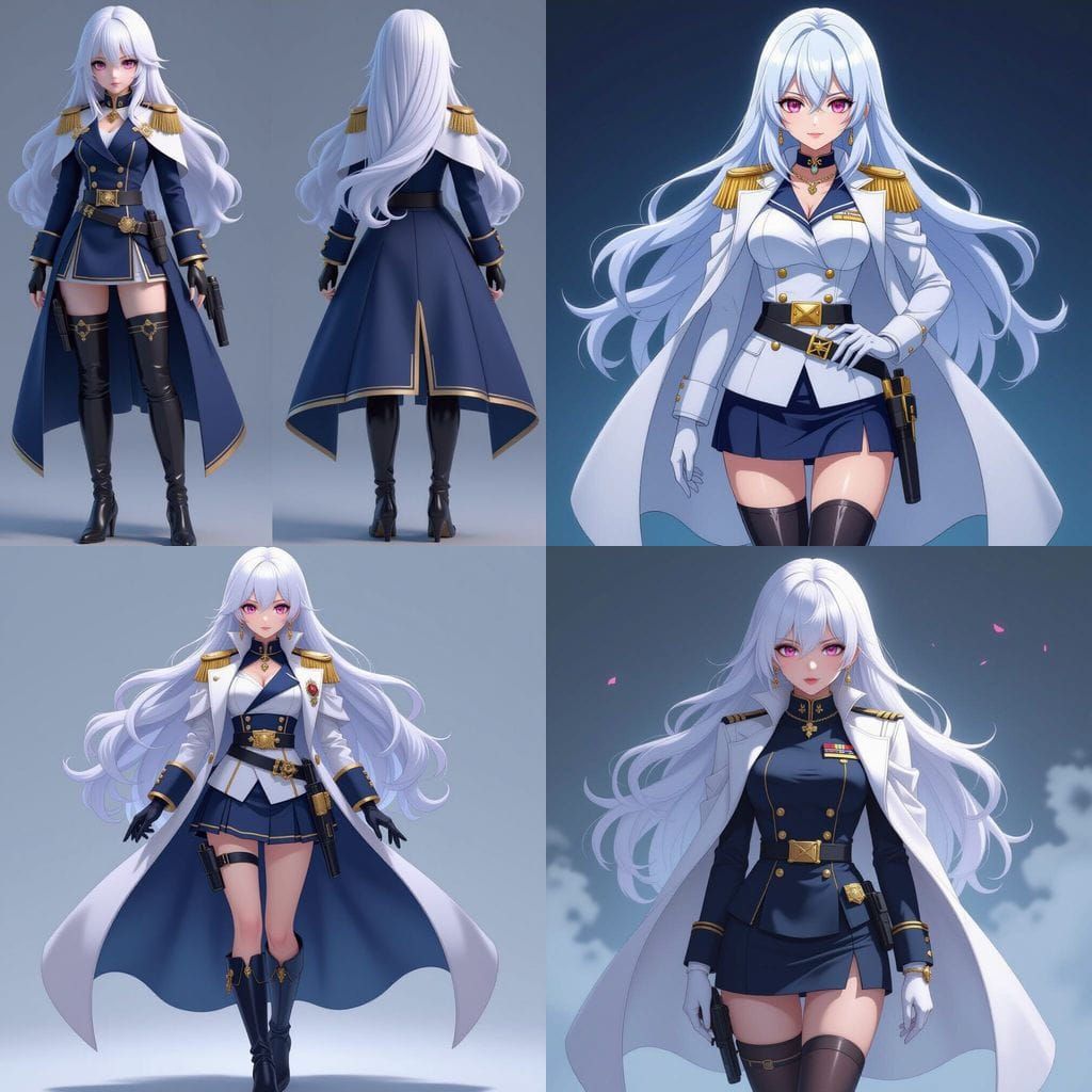 Anime Female Admiral with White Hair and Pink Eyes in Navy U...
