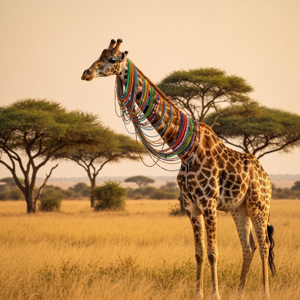 Giraffe Adorned with Beaded Necklaces in Savanna