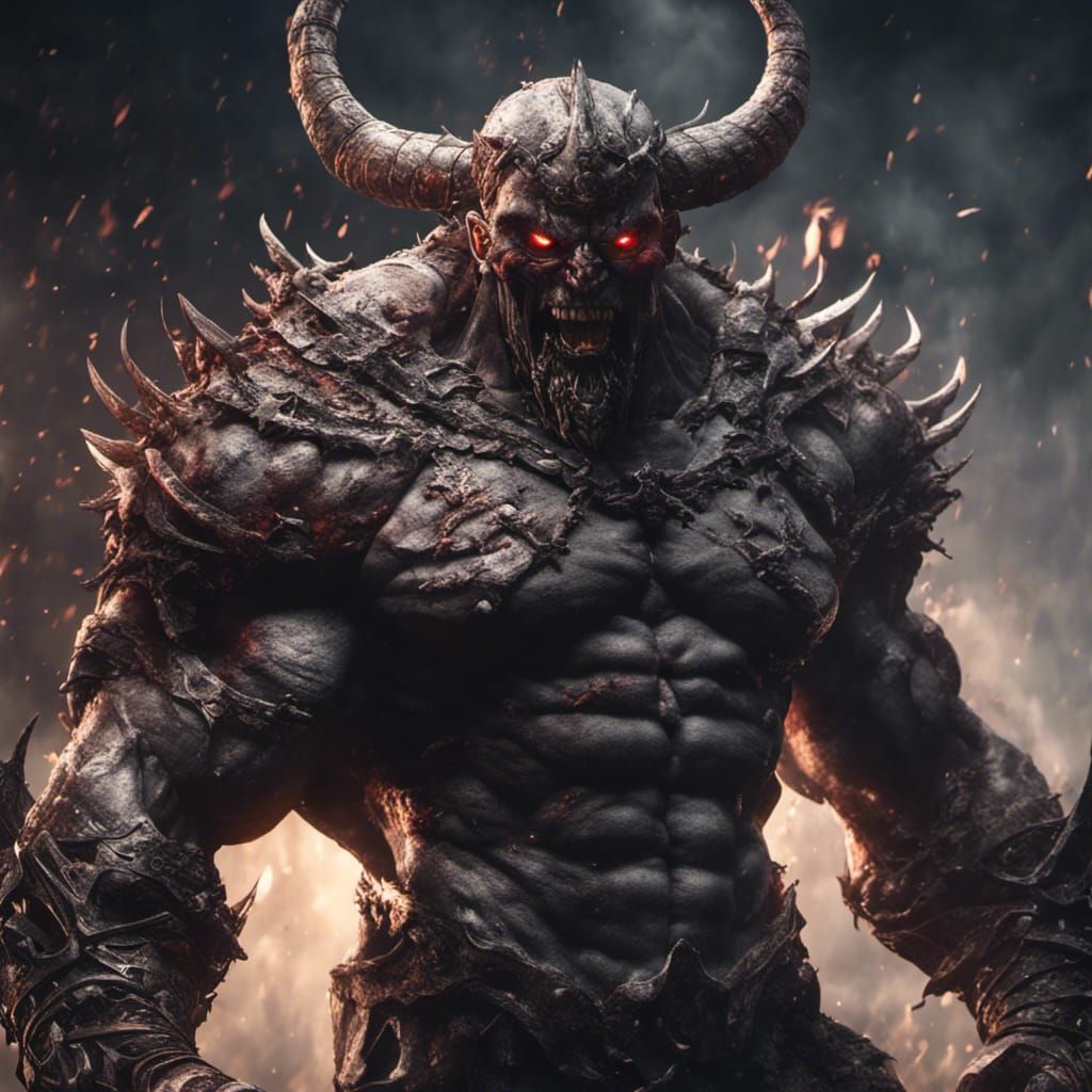 Evil Demon Muscle Titan on Battlefield in Dark Fantasy