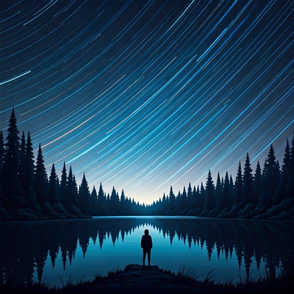 Moonless Night Sky with Glowing Star Trails in a Serene Lake...