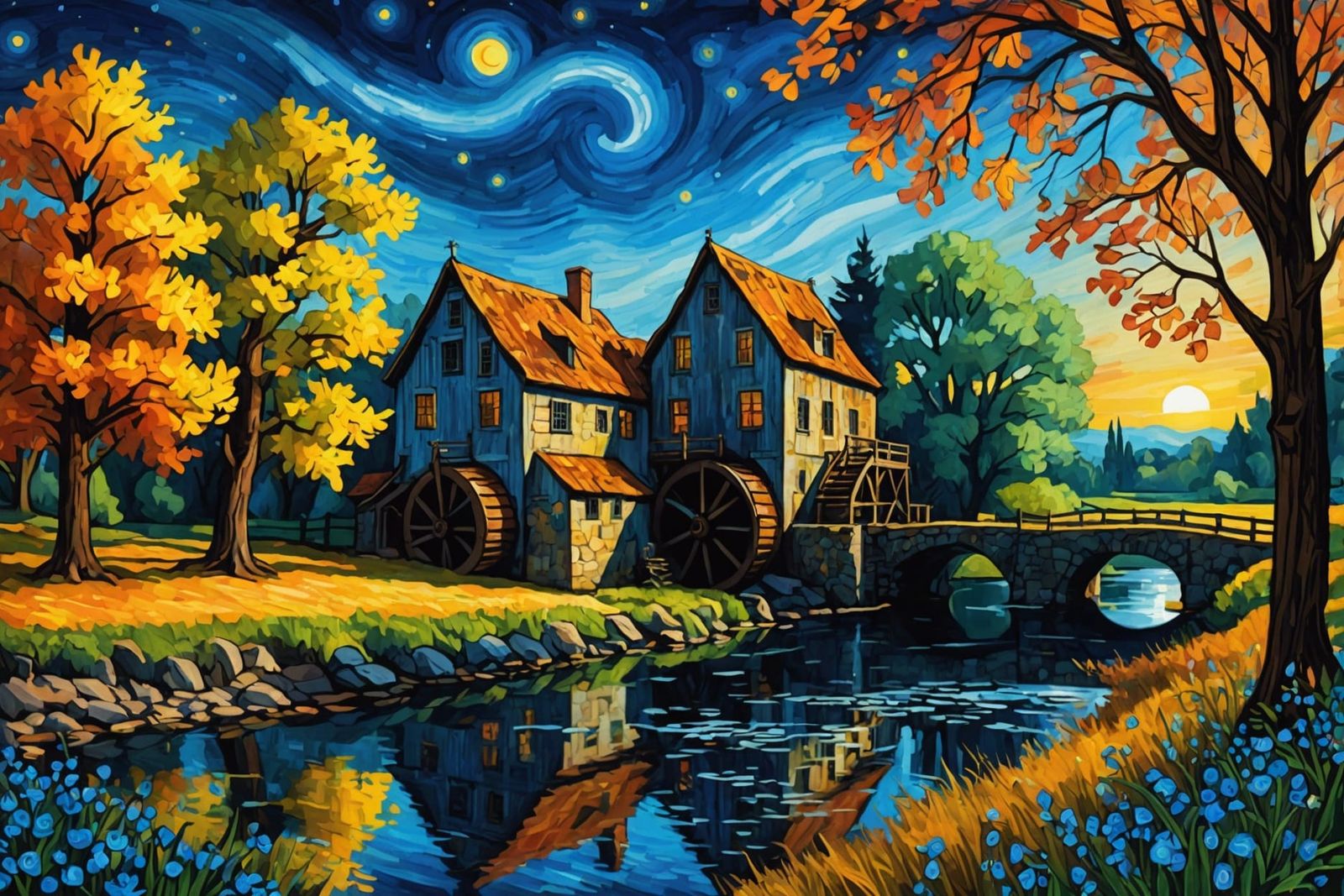 Watermill River Scene as Watercolor Painting