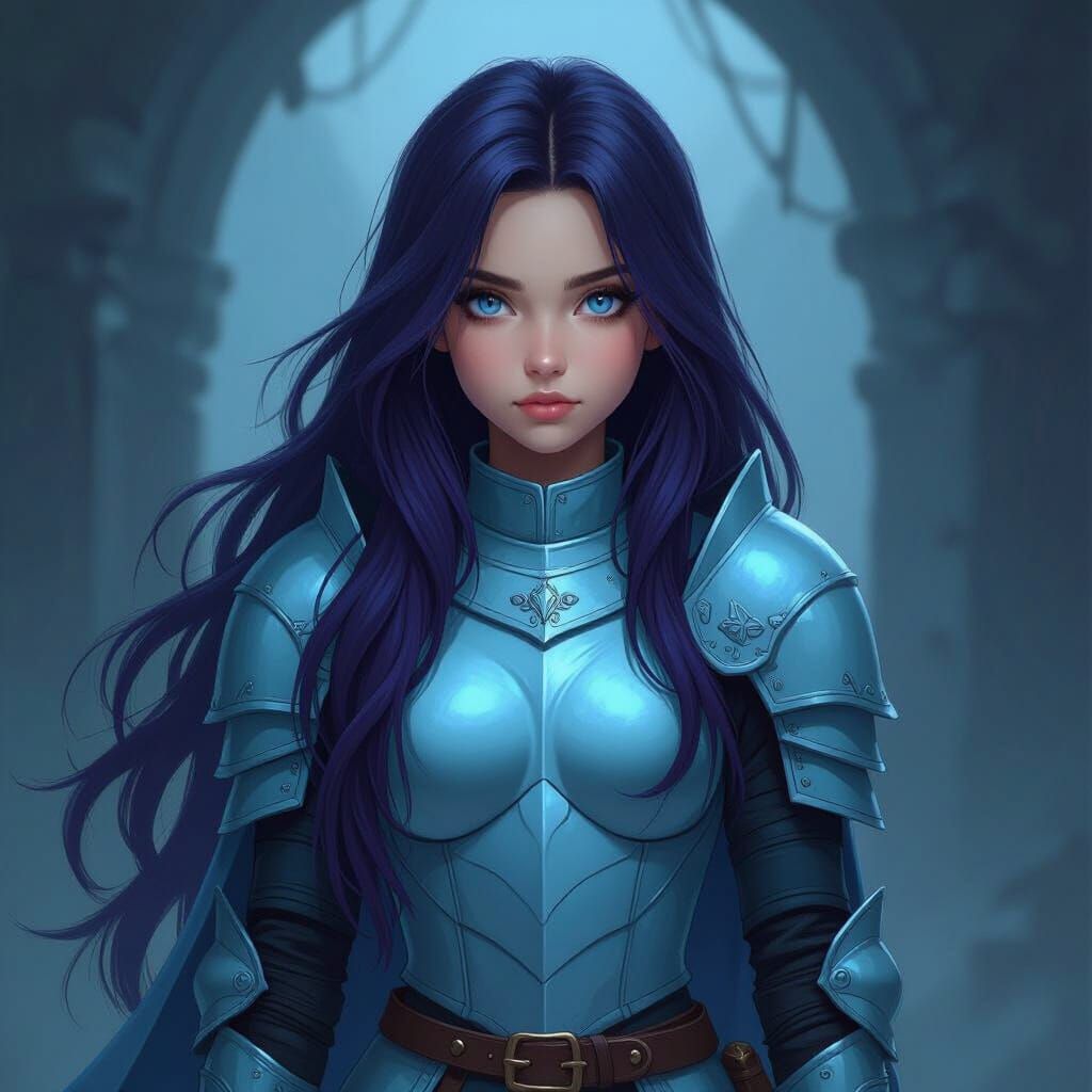Girl in Blue Armor in Dark Environment