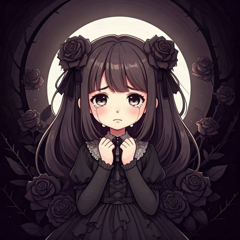 Whimsical Girl in Mourning, Surrounded by Dark Roses