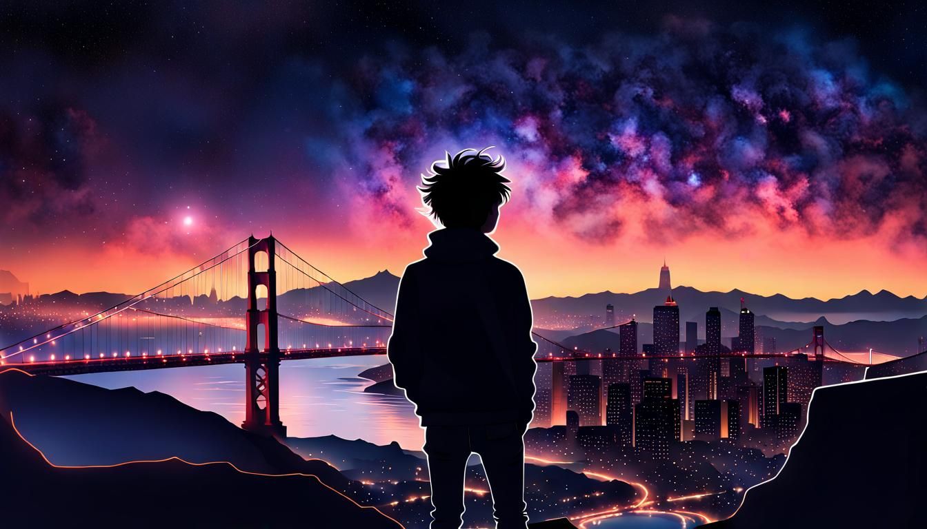 Neon Skyline Stargazers Under a Celestial Sky