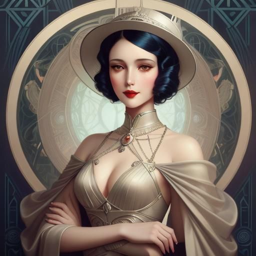 a painting of a woman in a dress and hat, an art deco painti...