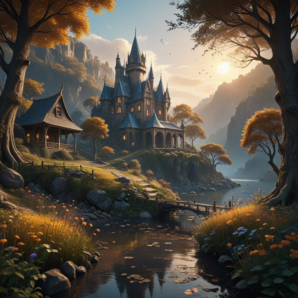 Whimsical Sunset Scene in Dreamlike Fantasy Style