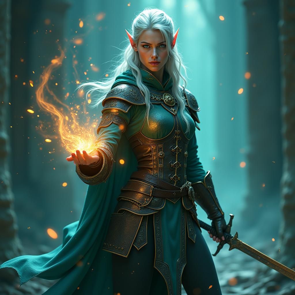 Half-Elf Wizard Casting Spell in Fantasy Style