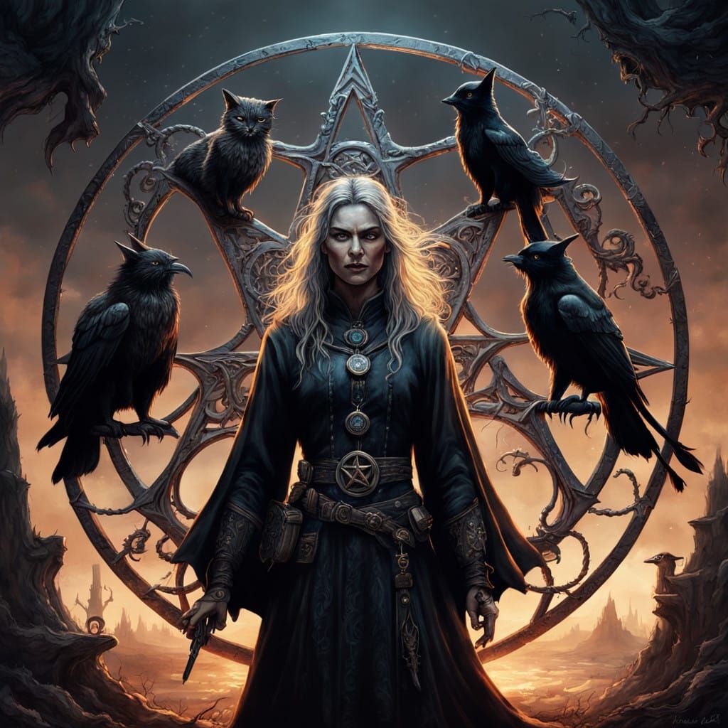 Surreal Dark Fantasy Pentacle with Ugly Witch, Raven, and Bl...