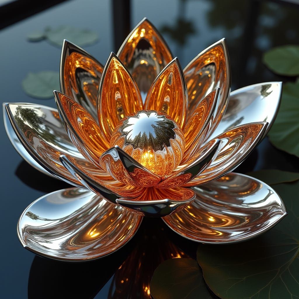Chrome Lotus Sculpture with Optical Illusion Center