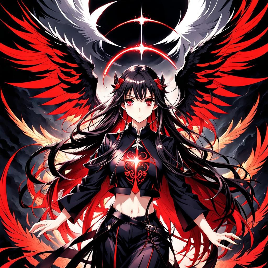 Dark Angel Girl with Wings in Anime Style