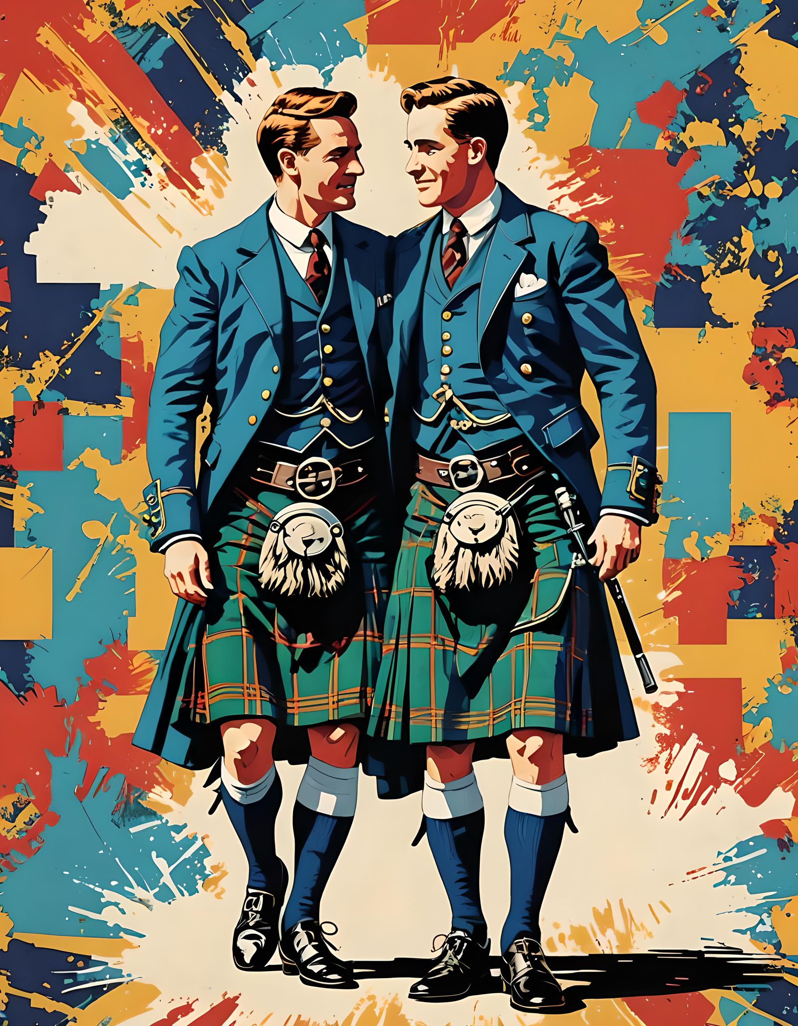 Pop art Victorian travel poster of two gay men in kilts embr...