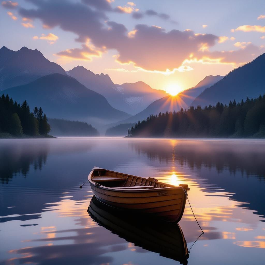 Dawn Serenity: Wooden Boat on Misty Lake