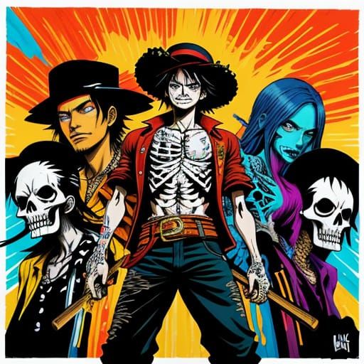 Luffy Triumphs Over Skeleton Army in Vibrant Street Art