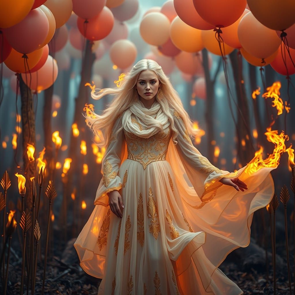 Flaming Queen in Enchanting Forest, Hyperrealistic Art