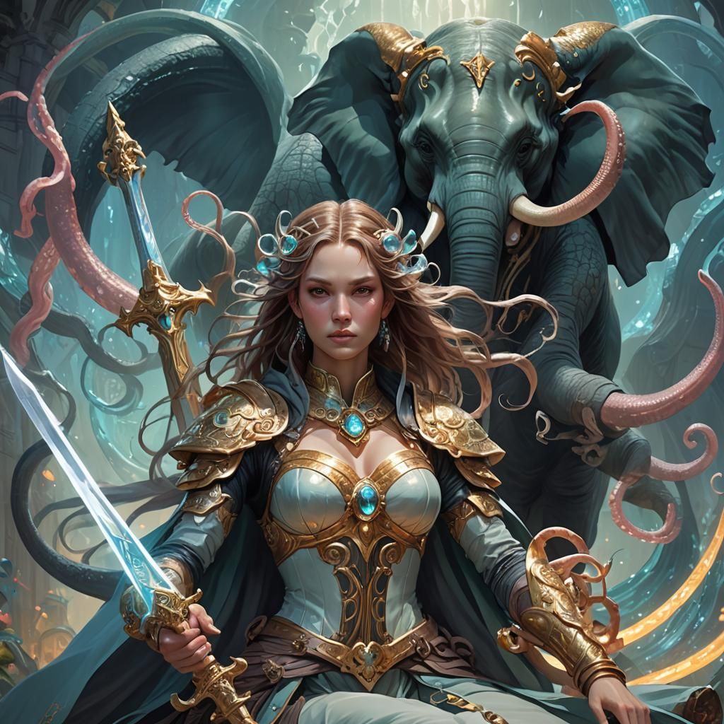 Goddess Rides Tentacle Elephant: Art Nouveau Portrait