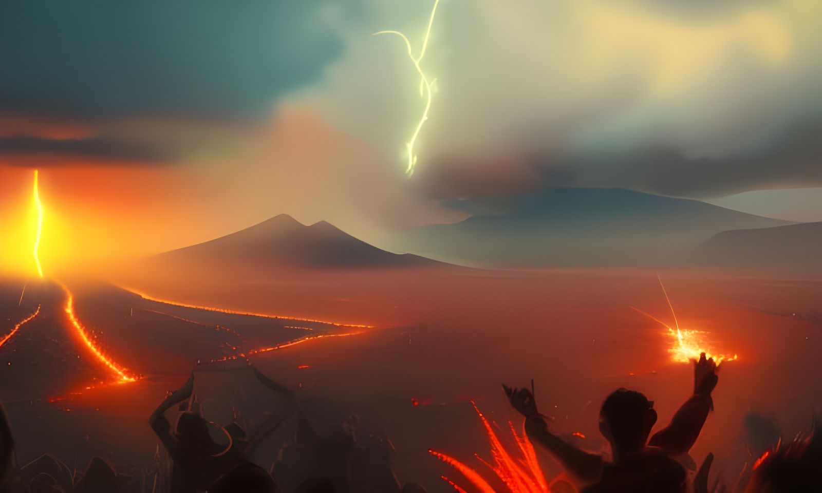 Volcano Eruption at Festival: Detailed Matte Painting
