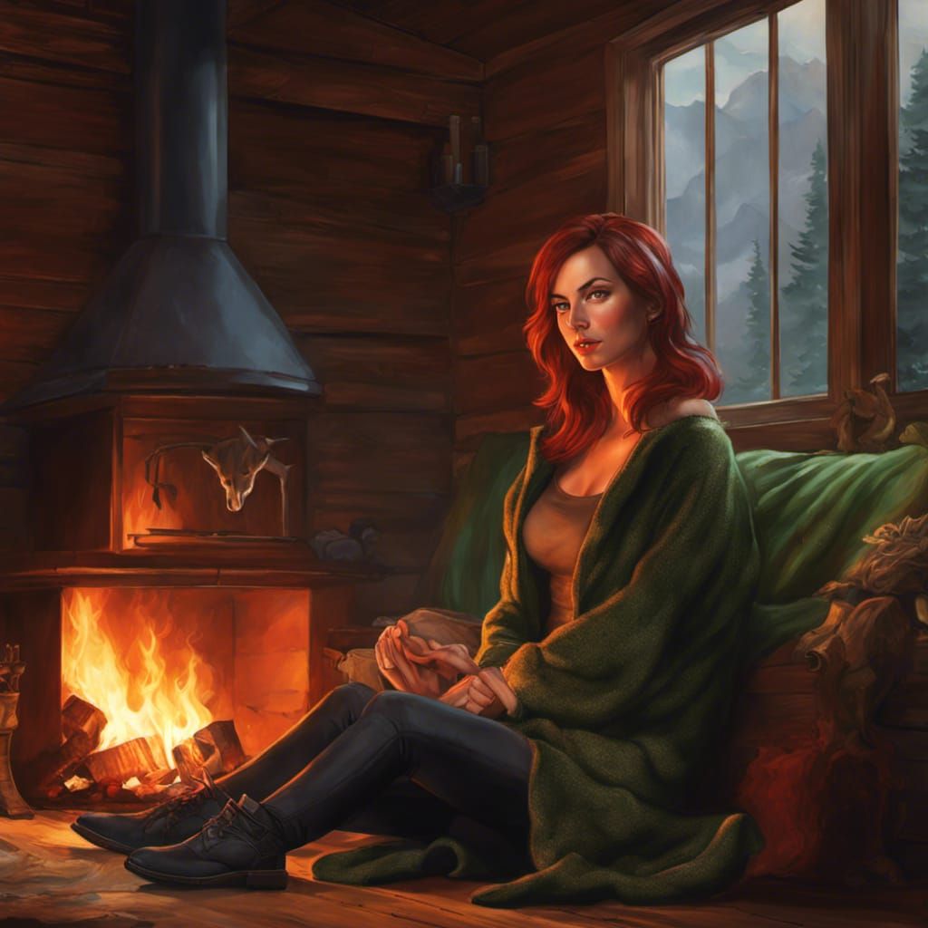 Red-Haired Woman by Fireplace in Hyperdetailed Portrait