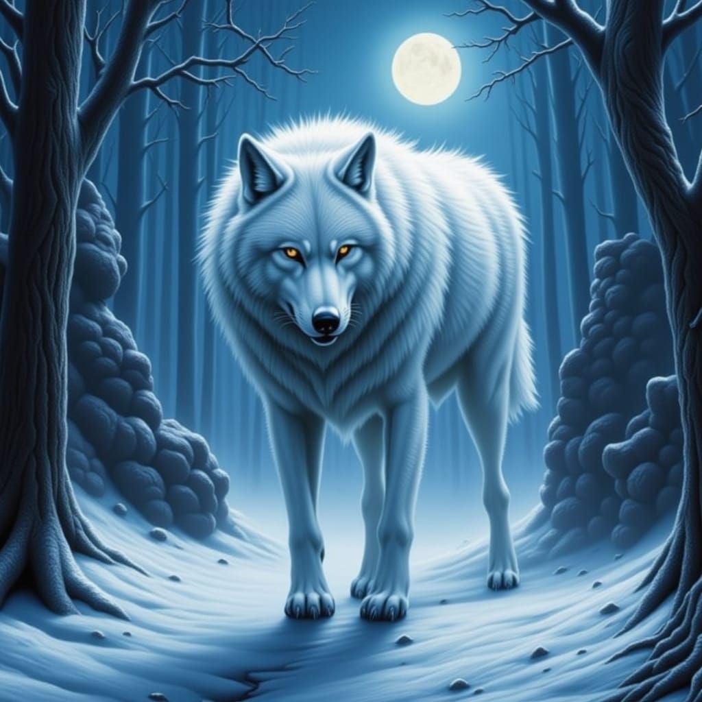 White Wolf Walking in Winter Moonlight