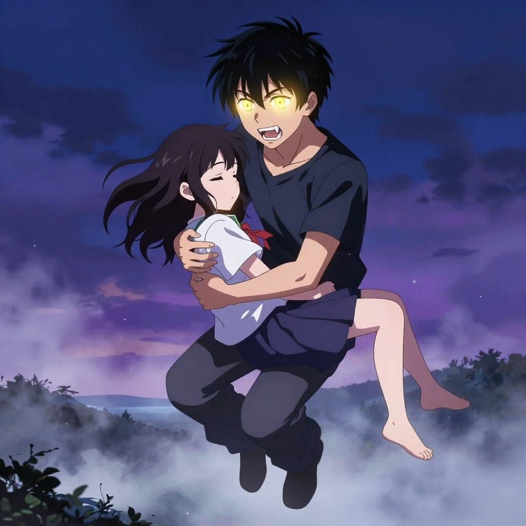 Anime Fantasy: Boy with Gold Eyes Holds Unconscious Girl