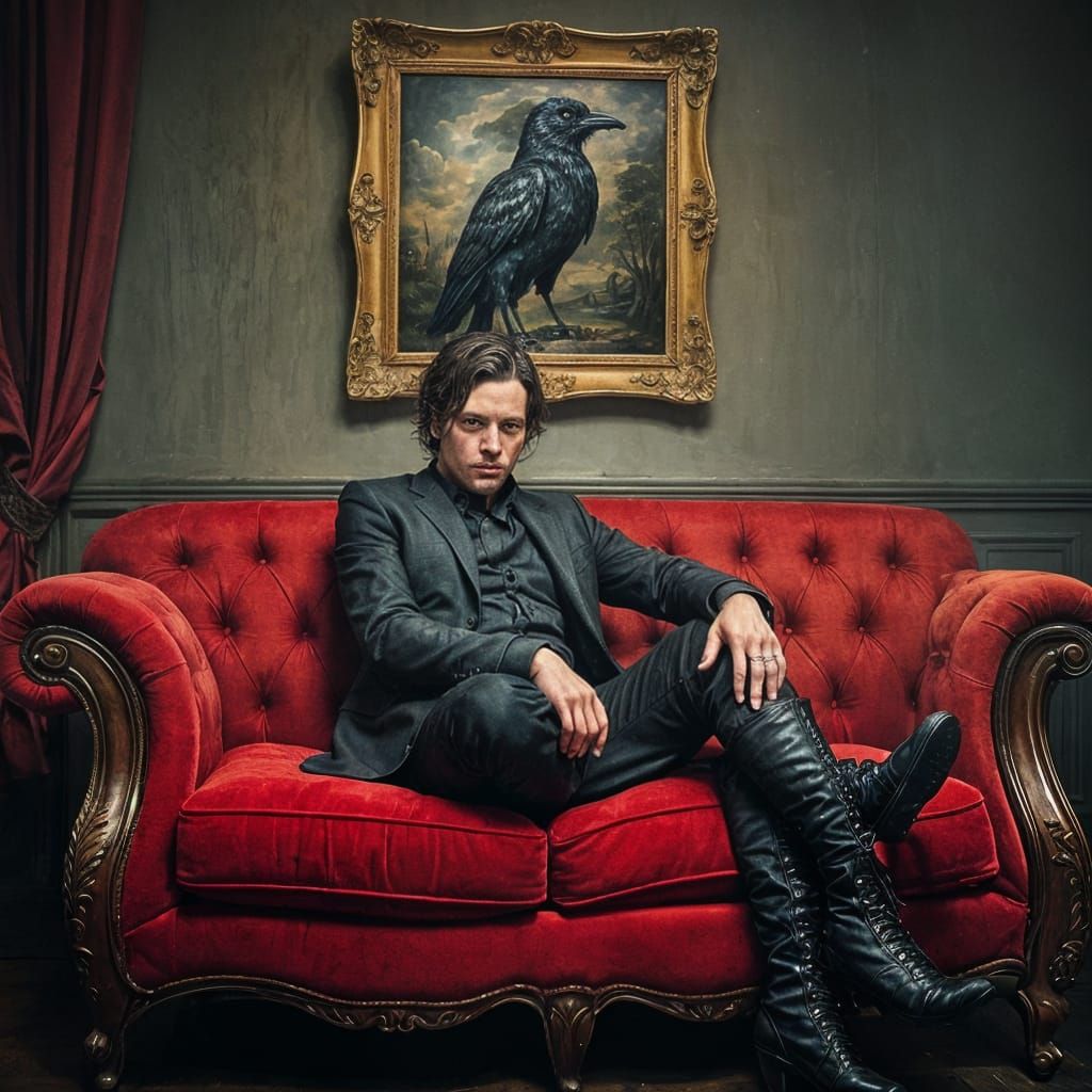 Man in Dark Outfit on Velvet Sofa, Impasto Oil Painting