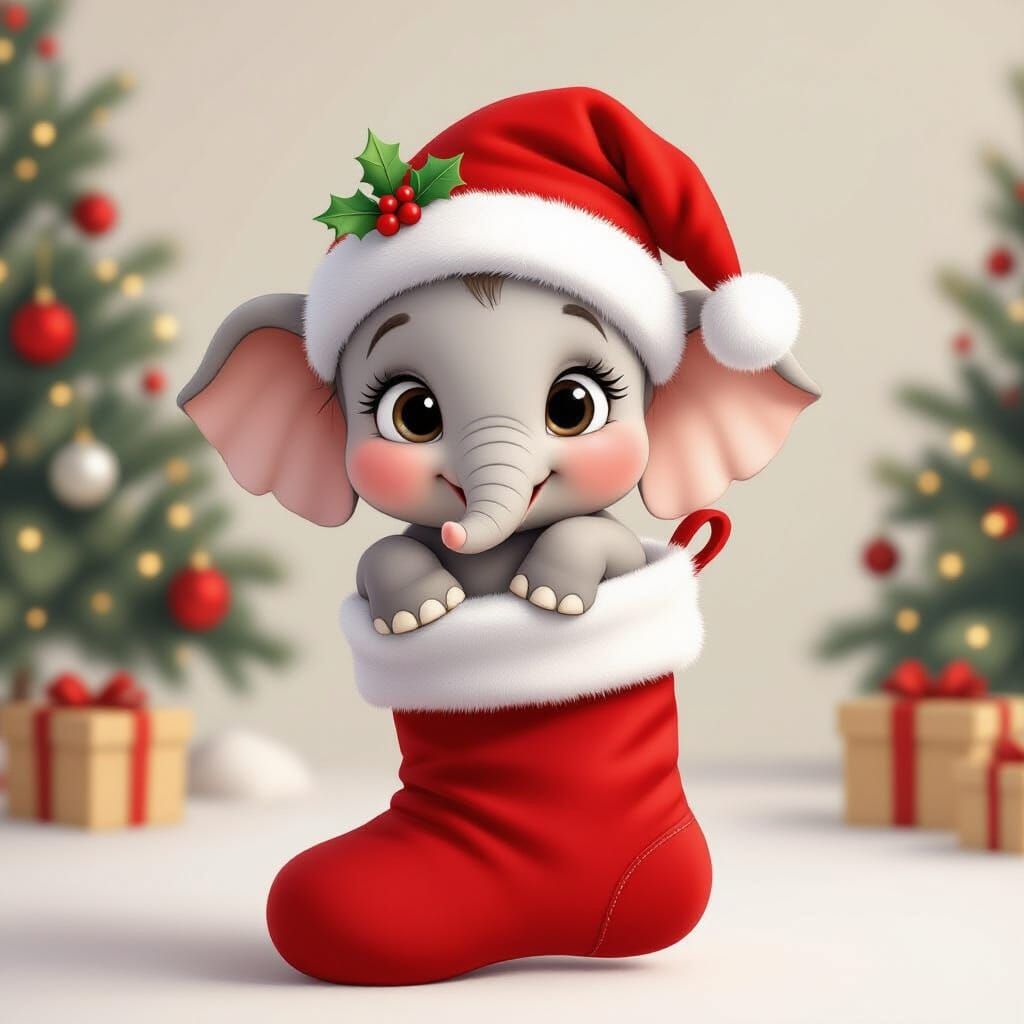 Cute Baby Elephant in Christmas Stocking Cartoon Style