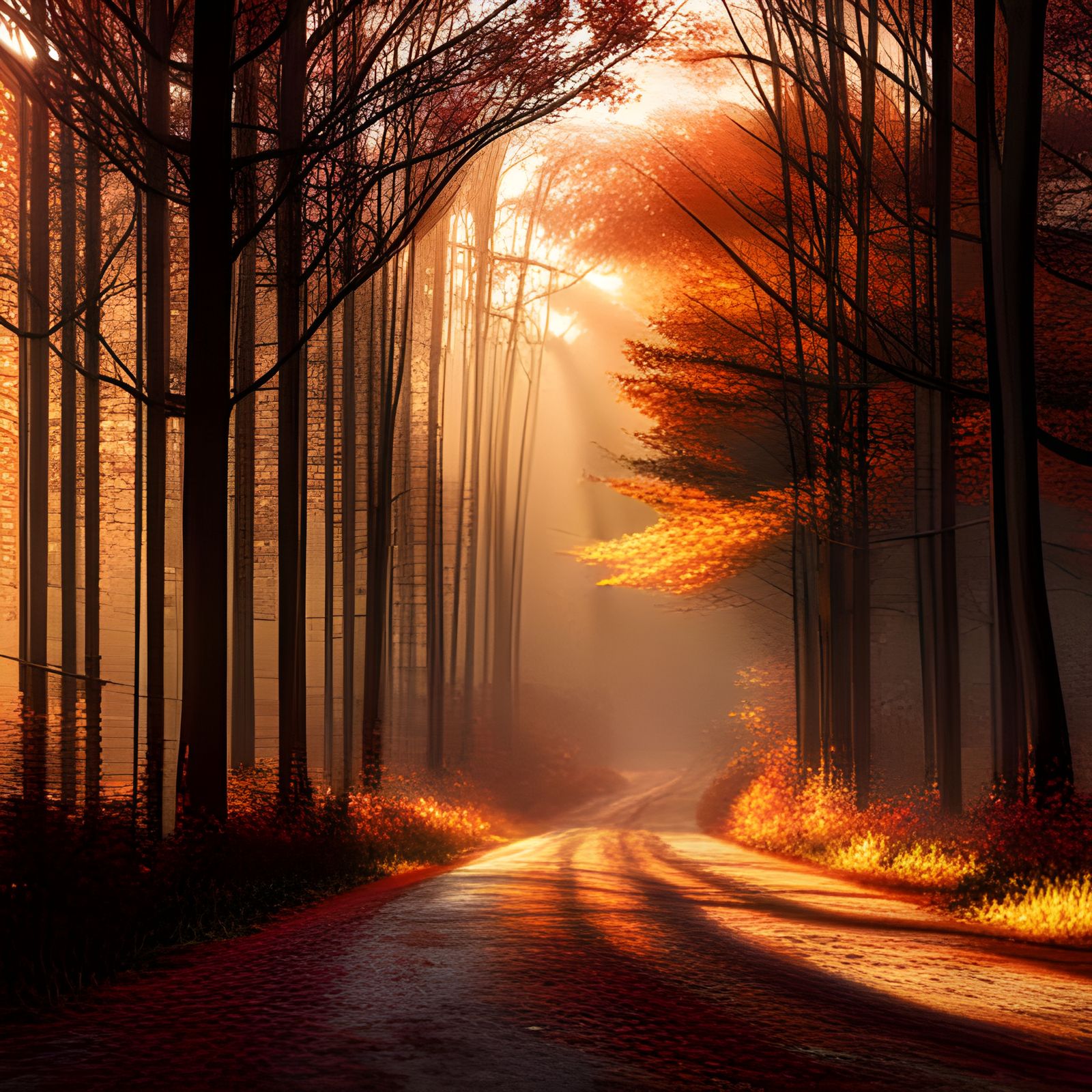 Detailed Autumn Forest Landscape at Sunrise