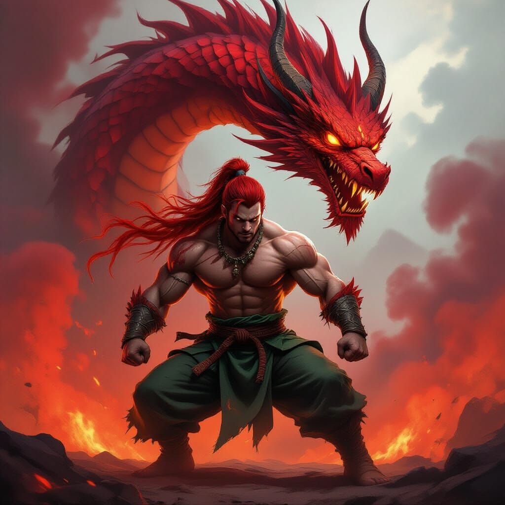 Fantasy Warrior vs. Red Dragon in Cinematic Style