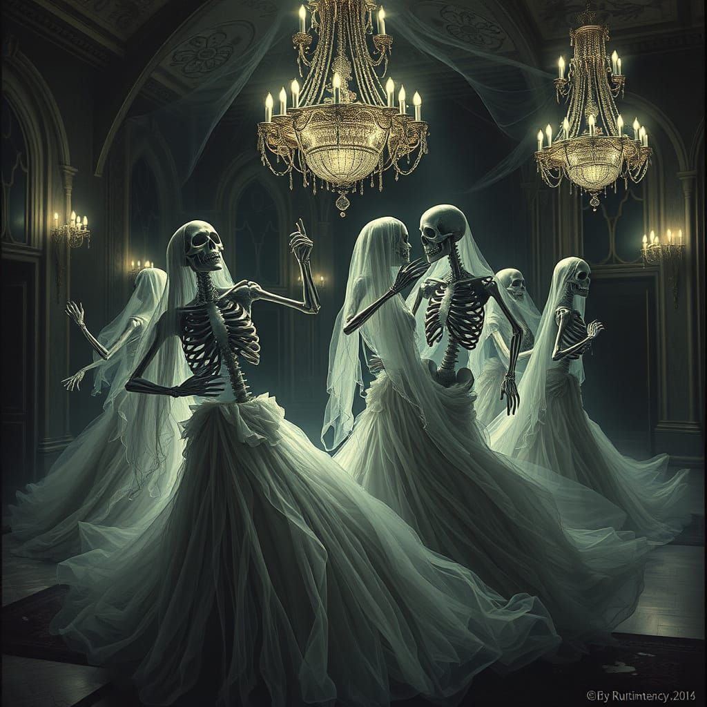 Ghostly Skeleton Ball Dancers in Haunting Gothic Ballroom