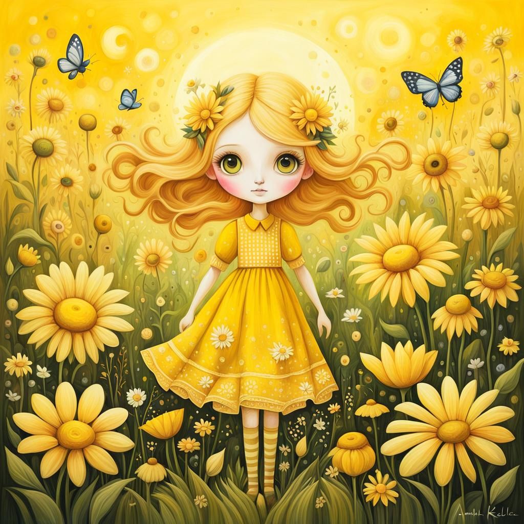 Enchanted Yellow Meadow Dreamscape, Whimsical Illustration