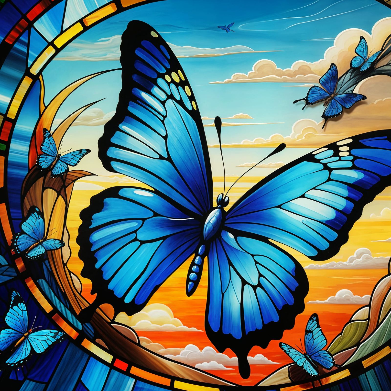 Vibrant Stained Glass Butterfly in Ethereal Flight