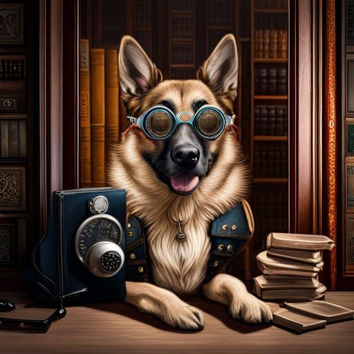 Steampunk German Shepherd Reading in Library