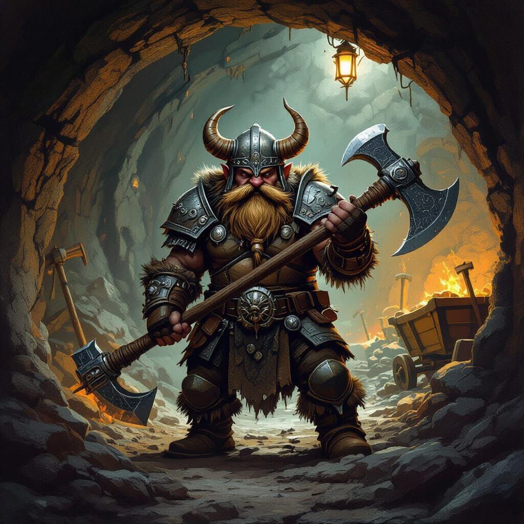 Armored Dwarf Warrior with Axe in Dark Mine