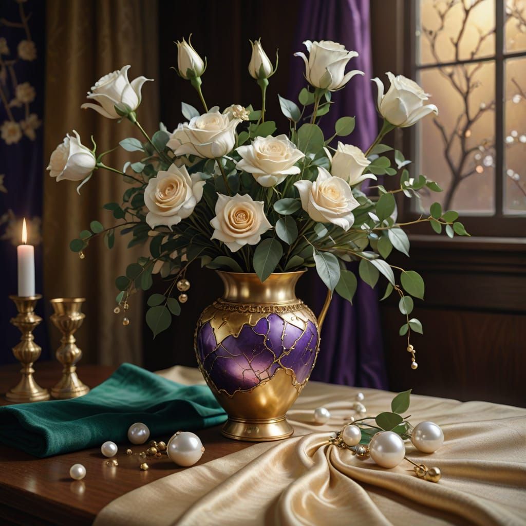 Gold and Purple Kintsugi Vase with Roses