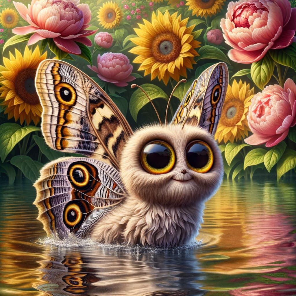 Butterfly Swimming in Pond of Sunflowers