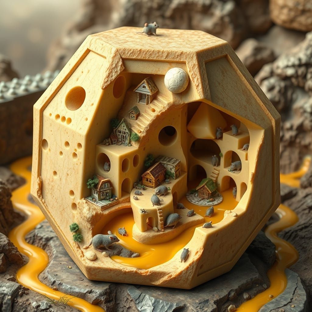 Surreal Cheese Diorama with Miniature Mouse Settlement in Hy...