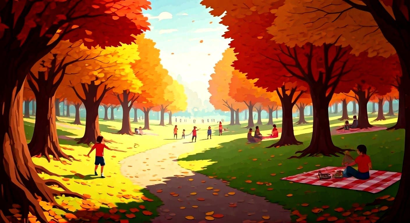 Autumnal Park Paper Collage Art, Detailed Matte Painting